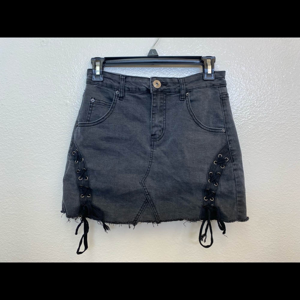 Black denim lace up skirt